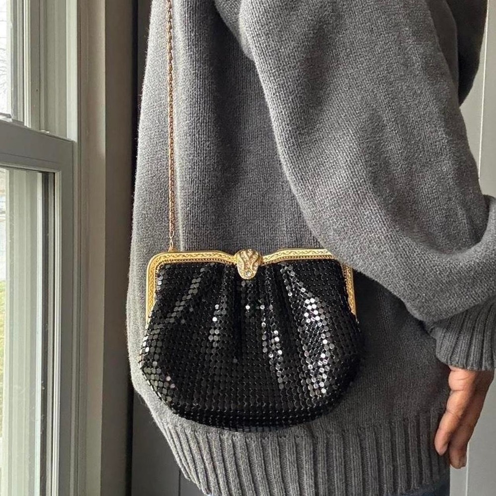 Vintage Black Metal Mesh Evening Bag Gold Frame